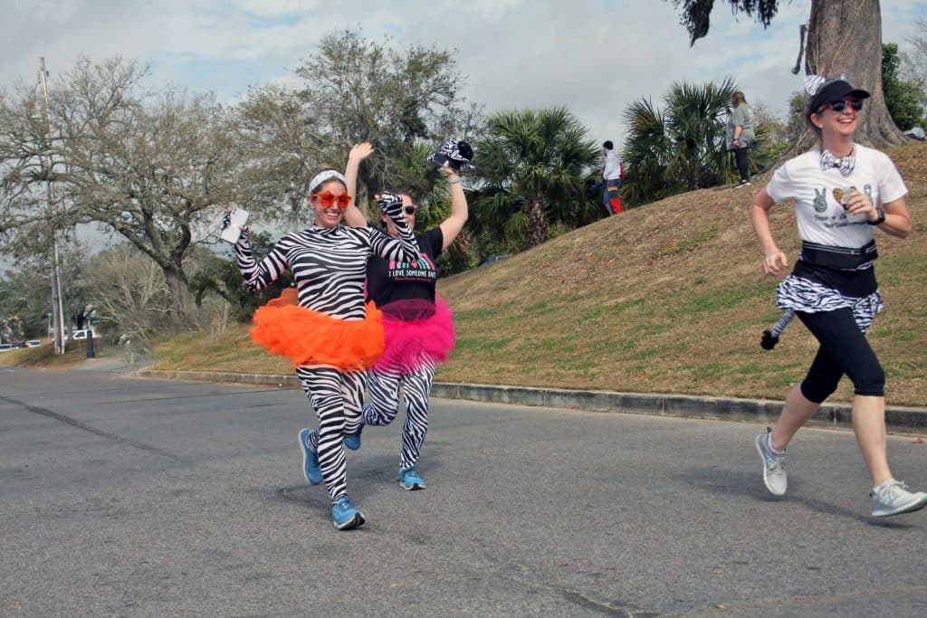 Zebra Run Racers running in colorful tutus and Zebra clothing to raise funds for the United MSD Foundation.